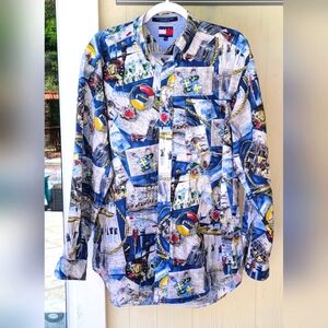 Men's Vtg 90's Tommy Hilfiger All Over Print Button-Up Shirt Oxford Rowing, Sz M